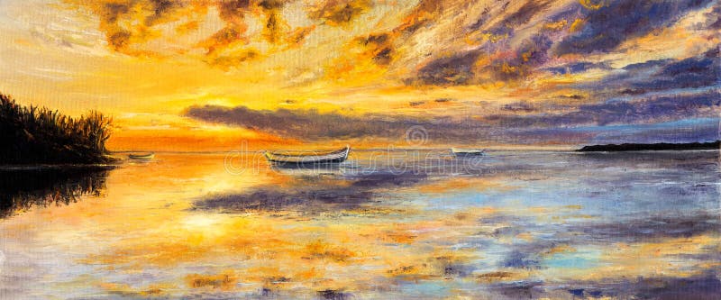Sunset Over Lake Oil Pastel Painting Original Art Boat Painting Colorful  Landscape Lake House Decor Wall Art 