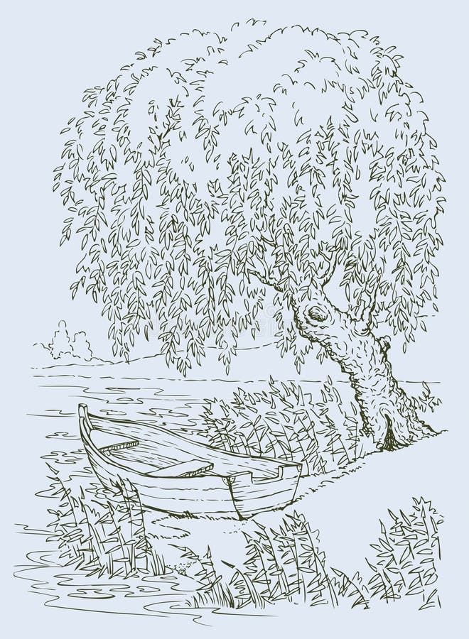 Boat under the willow stock illustration