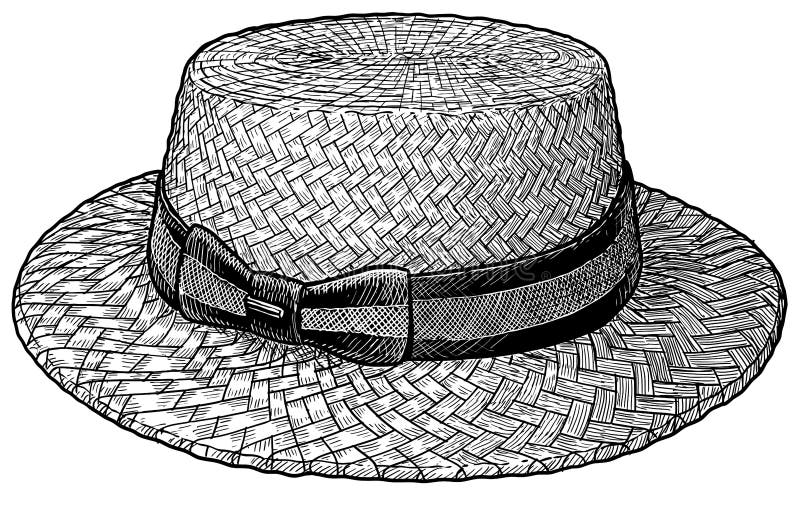 Boater cloche, straw hat illustration, drawing, engraving, ink, line art, v...