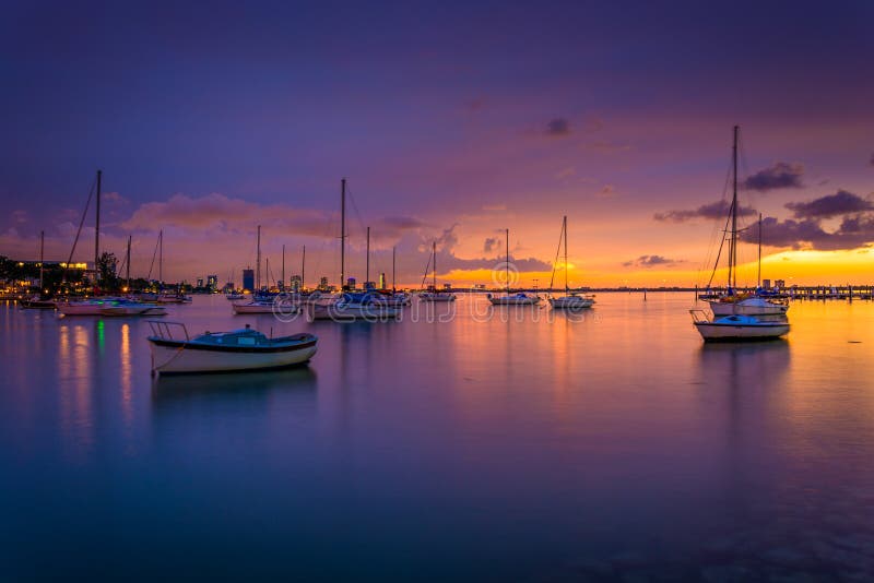 Boats in Biscayne Bay at sunset, seen from Miami Beach, Florida. stock images