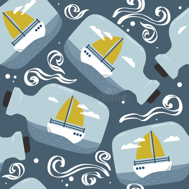 Boats in bottles, colorful seamless pattern. Decorative marine background