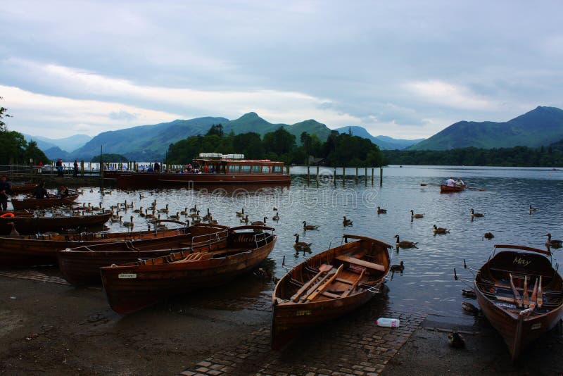 Boats on Derwent Water stock image. Image of mountains 58492861