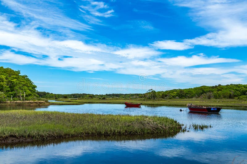 Boats on Herring River, Cape Cod Stock Photo Image of water, green