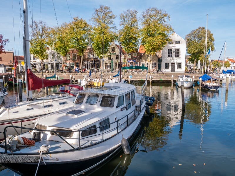 Boats in marina of small harbour in old town of Middelharnis on Goeree-Overflakkee, Zuid-Holland, Netherlands