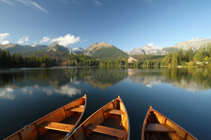 Boats on mountain lake