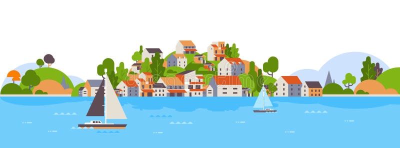 Boats over beach seaside island houses hotels background sea yacht coast summer vacation concept flat horizontal banner