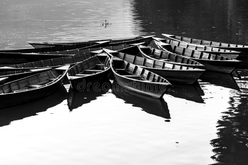 Boats on Phewa lake, Pokhara, Nepal. Black and white image