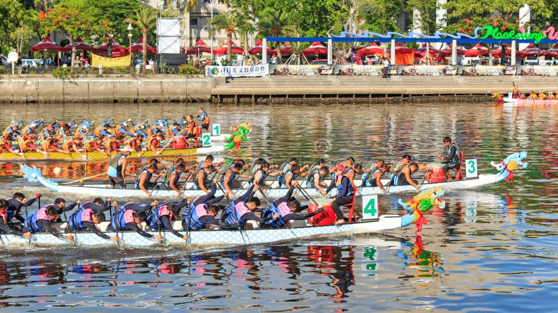 Boats racing in the Love River for the Dragon Boat Festival in Kaohsiung, Taiwan.