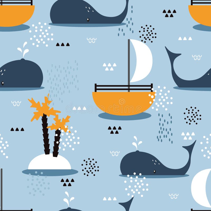 Boats, whales, colorful seamless pattern. Decorative cute background