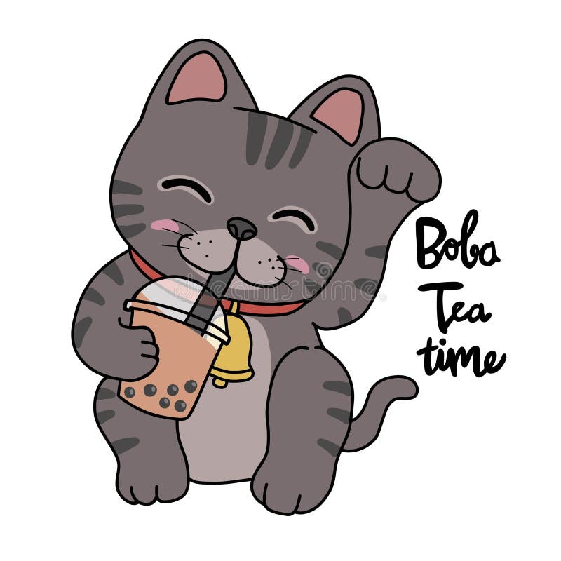 Lucky Cat Drink Bubble Tea, Boba Tea Time Cartoon Illustration Stock