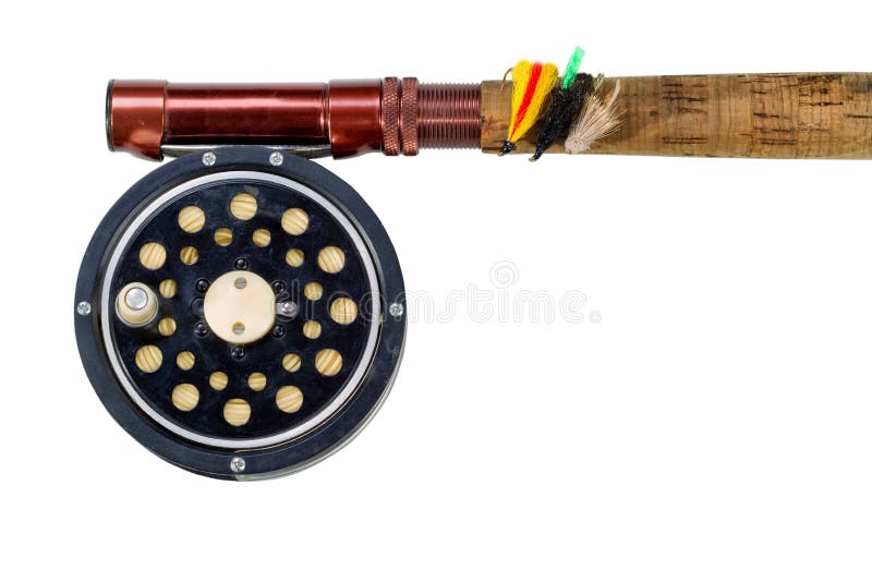 Bobine et tige antiques de mouche sur le fond blanc photos stock Bobine et tige antiques de mouche sur le fond blanc photos stock