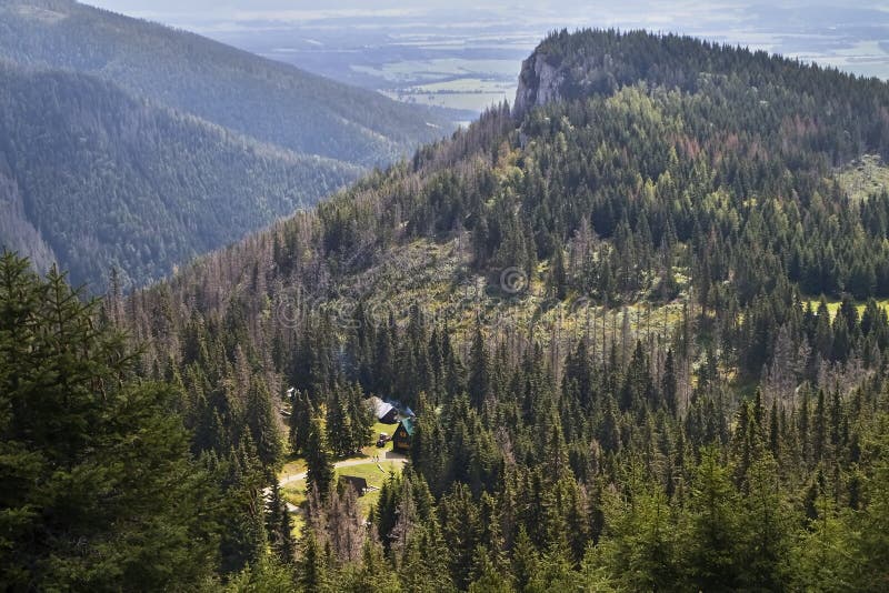 Bobrovec valley, Slovakia, Cervenec hill: Cottage under Naruzie. Forest, trees and cottage. Western Tatras