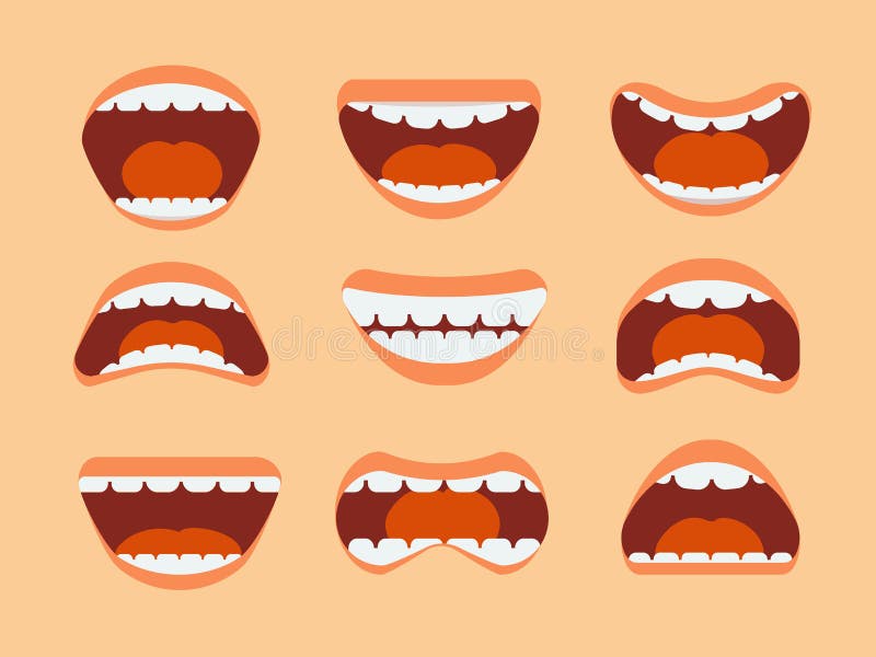 Vetores de Coleção De Elementos De Boca Dos Desenhos Animados Mostrar A  Língua Sorrir Com Os Dentes Emoções Expressivas Bocas E Fonemas Set Vector  A Sorrir e mais imagens de Boca 