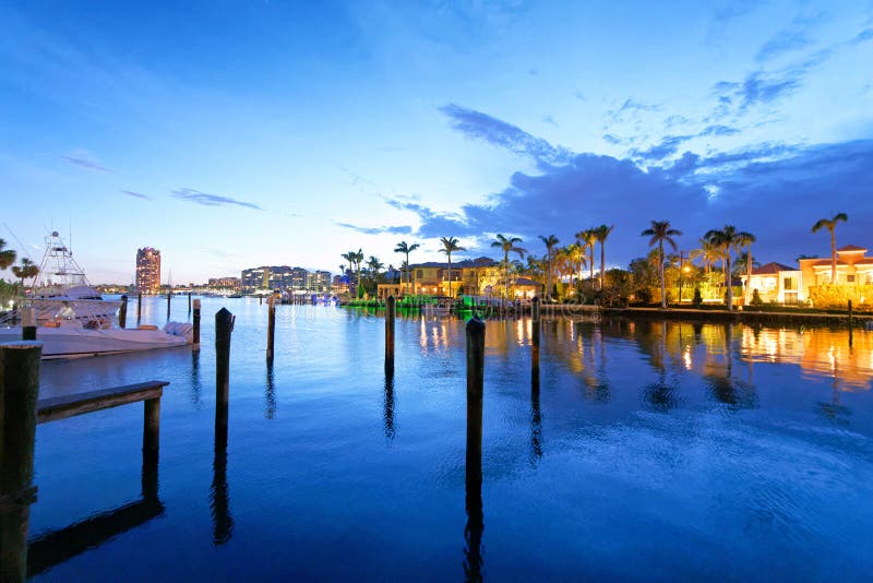 Boca Raton homes reflections at night, Florida