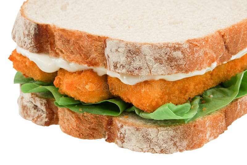 Fresh Fish Finger Sandwich close up isolated against a white background. Fresh Fish Finger Sandwich close up isolated against a white background