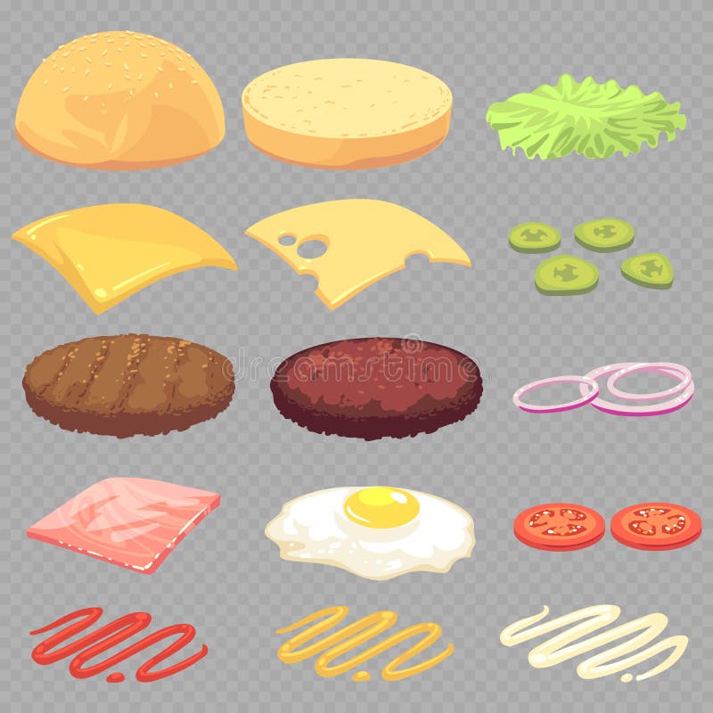 Bocadillo, hamburguesa, sistema del vector de la historieta de los ingredientes alimentarios del cheeseburger aislado en fondo tr