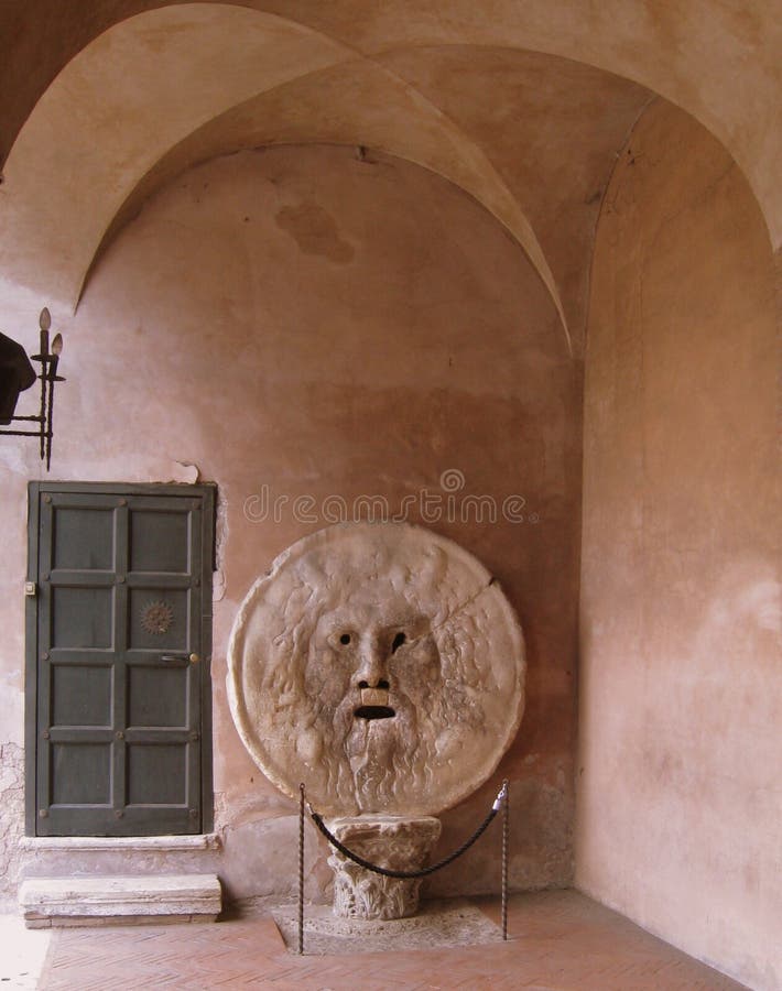 La Bocca della VeritÃ  (The Mouth of Truth) is an image, carved from Pavonazzo marble, of a man-like face, located in the portico of the church of Santa Maria in Cosmedin in Rome, Italy. The sculpture is thought to be part of a first-century ancient Roman fountain, or perhaps a manhole cover, portraying one of several possible pagan gods,[1] probably Oceanus. Most Romans believe that the 'Bocca' represents the ancient god of the river Tiber. The most famous characteristic of the Mouth, however, is its role as a lie detector. Starting from the Middle Ages, it was believed that if one told a lie with one's hand in the mouth of the sculpture, it would be bitten off. The piece was placed in the portico of the Santa Maria in Cosmedin in the 17th century. La Bocca della VeritÃ  (The Mouth of Truth) is an image, carved from Pavonazzo marble, of a man-like face, located in the portico of the church of Santa Maria in Cosmedin in Rome, Italy. The sculpture is thought to be part of a first-century ancient Roman fountain, or perhaps a manhole cover, portraying one of several possible pagan gods,[1] probably Oceanus. Most Romans believe that the 'Bocca' represents the ancient god of the river Tiber. The most famous characteristic of the Mouth, however, is its role as a lie detector. Starting from the Middle Ages, it was believed that if one told a lie with one's hand in the mouth of the sculpture, it would be bitten off. The piece was placed in the portico of the Santa Maria in Cosmedin in the 17th century.