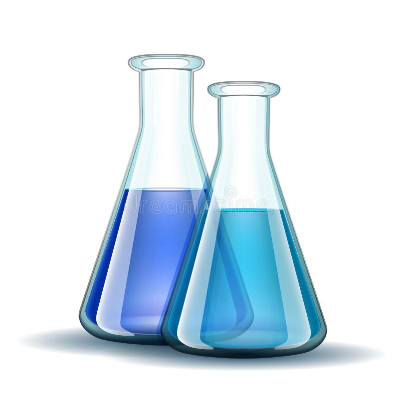Boccette trasparenti del laboratorio chimico con il blu illustrazione vettoriale Boccette trasparenti del laboratorio chimico con il blu illustrazione vettoriale