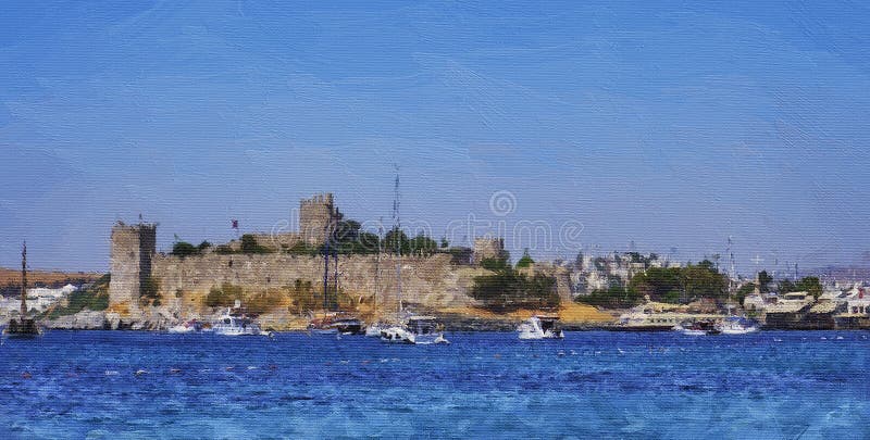 Bodrum, Turkey, Aegean Sea, view of a city, an embankment with restaurants and the old castle of St. Peter. Seascape