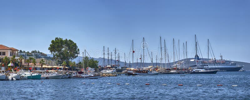 Bodrum, Turkey, Aegean Sea, view of a city, an embankment with restaurants and the old castle of St. Peter. Seascape