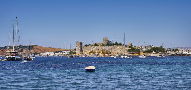 Bodrum, Turkey, Aegean Sea, view of a city, an embankment with restaurants and the old castle of St. Peter. Seascape