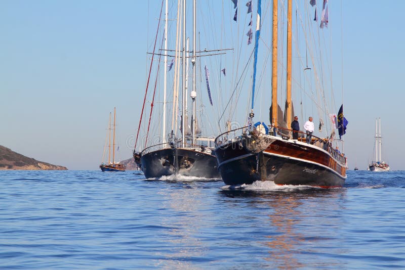 Bodrum Turkey 27 October 2018: Bodrum Sailing Cup Gulet Wooden Sailboats and sailing yachts racing.