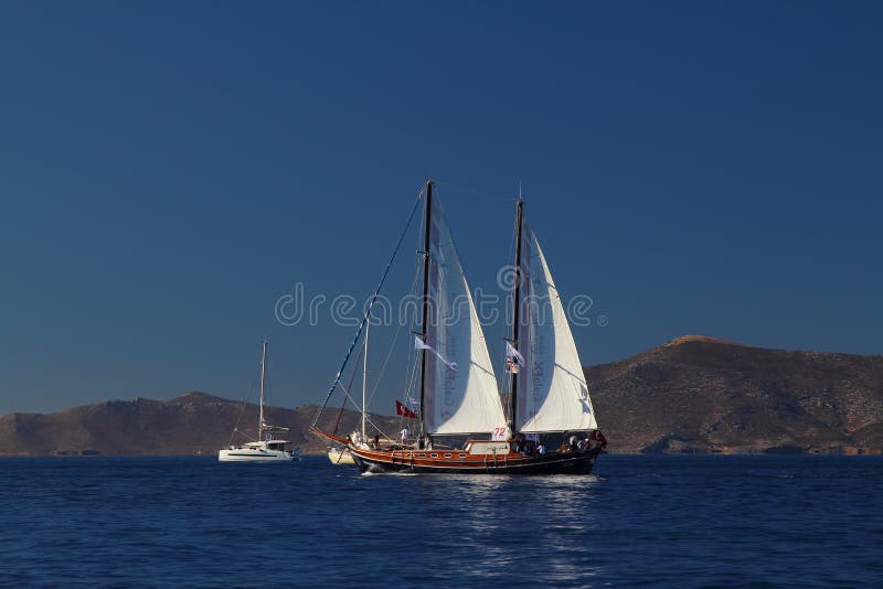 Bodrum Turkey 27 October 2018: Bodrum Sailing Cup Gulet Wooden Sailboats and sailing yachts racing.