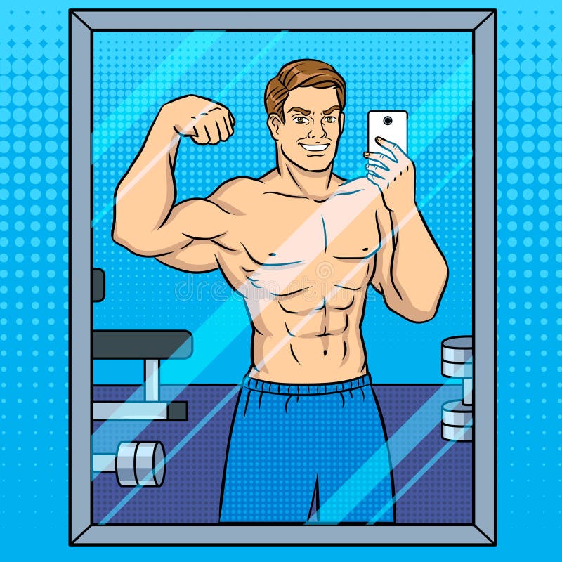 Body builder makes selfie in the mirror pop art