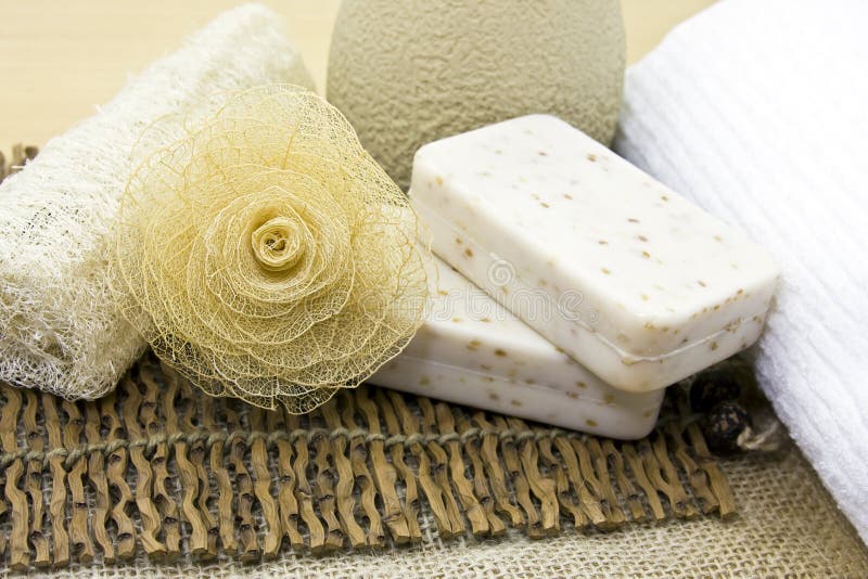 Natural Body Care Spa Accessories in a Wood Tray Stock Image Image of