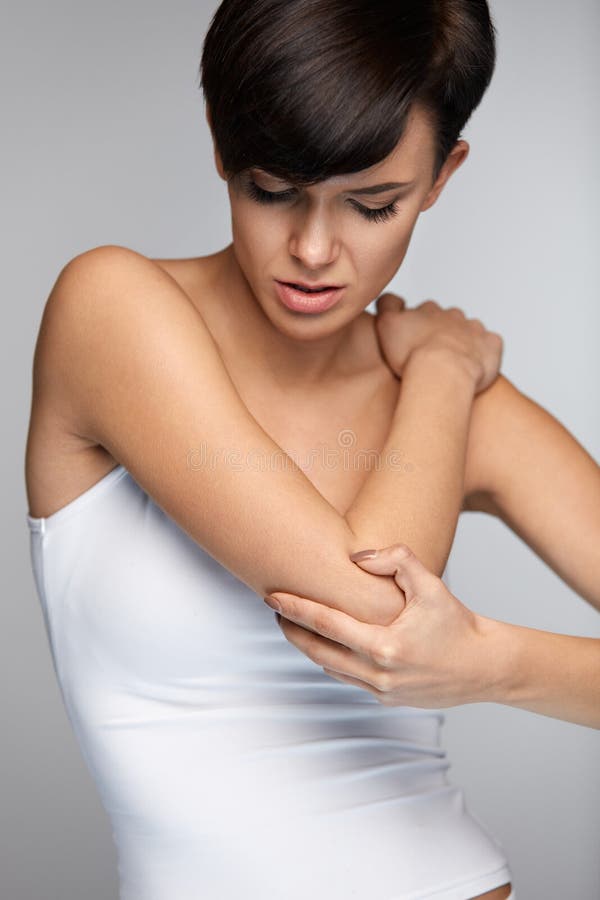 Body Pain Beautiful Woman Feeling Pain Elbows Painful Arm Stock