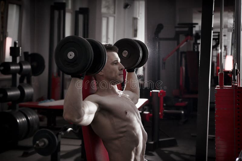 Bodybuilder beau avec la séance d'entraînement musculaire de torse avec des haltères sur le banc sportif dans le gymnase Corps ma image stock Bodybuilder beau avec la séance d'entraînement musculaire de torse avec des haltères sur le banc sportif dans le gymnase Corps ma image stock
