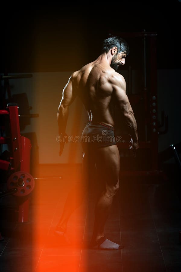 Bodybuilder des Mittelalters, der den Rücken an den Pose gefedert hat lizenzfreies stockbild Bodybuilder des Mittelalters, der den Rücken an den Pose gefedert hat lizenzfreies stockbild