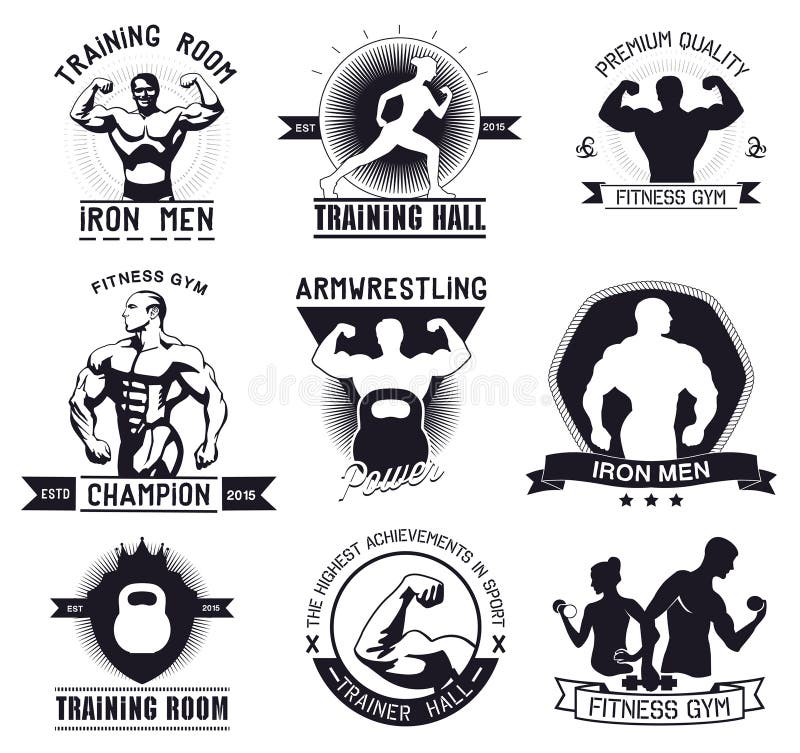 Bodybuilding- och konditionidrottshalllogoer och emblem stock illustrationer Bodybuilding- och konditionidrottshalllogoer och emblem stock illustrationer
