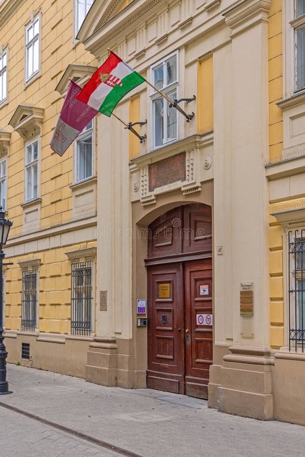 Budapest, Hungary - July 31, 2022: Entrance to Congregation of Jesus Place of Worship at Vaci Street in Capital City Centre. Budapest, Hungary - July 31, 2022: Entrance to Congregation of Jesus Place of Worship at Vaci Street in Capital City Centre