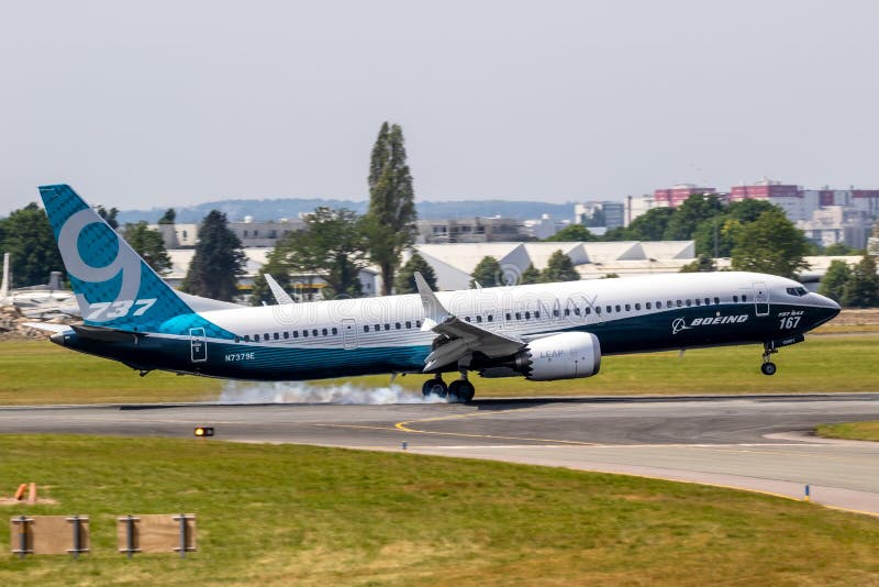 Boeing 737 MAX 9 passenger plane arriving at Le Bourget Airport. Paris, France - June 22, 2017