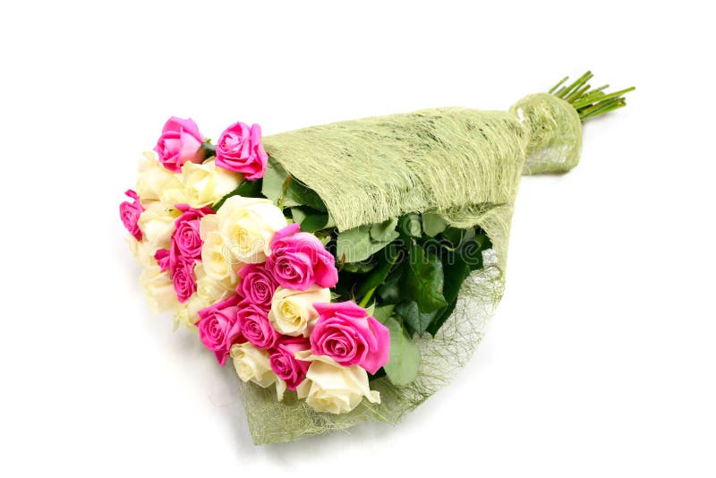 Witte en roze rozen, bloemen, boeket, roos, liefde, romantisch, bruiloft, romantiek, cadeau, geïsoleerde achtergrond, bloemblad, V stock afbeelding