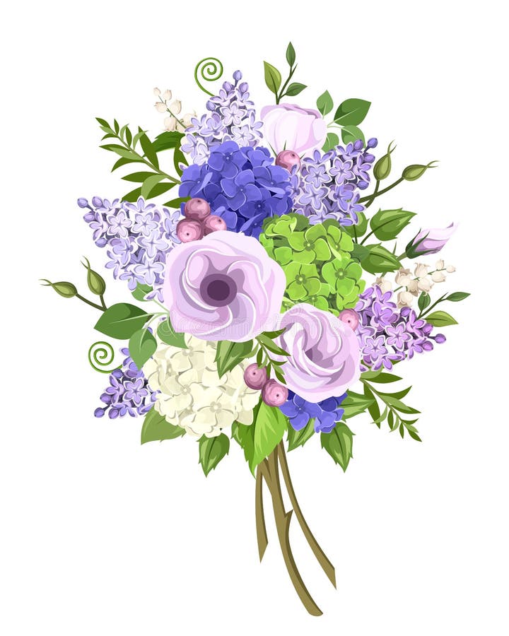 Boeket van purpere, blauwe, witte en groene bloemen Vector illustratie
