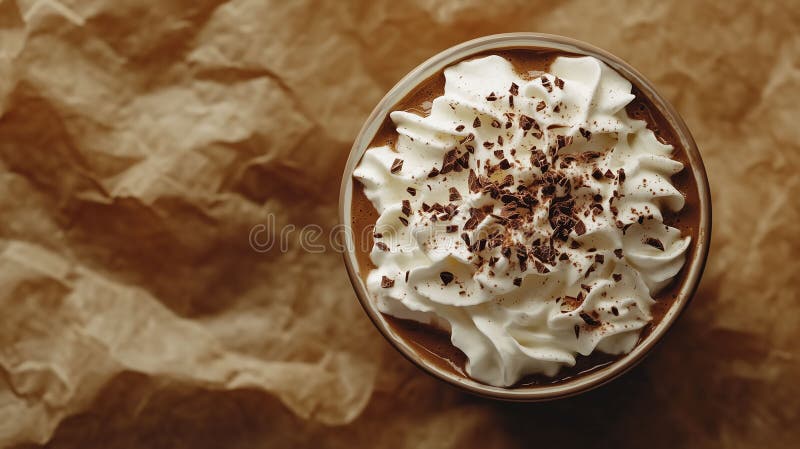 Bogaty mocha zwieńczony bitą śmietaną i czekoladowymi gołębieniami na teksturowanym tle dla przytulnej kawy obraz royalty free