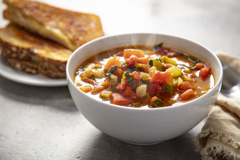 Bogen der Gemüsesuppe mit einem gegrillten Truthahn- und Sandwich lizenzfreie stockfotos