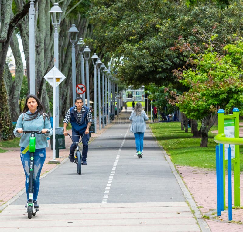 Bogota, July 6  Pedastrian area in Usaquen district, the newest area of Bogota that houses modern architectures and green parks where resting after work. Shoot on July 6, 2019. Bogota, July 6  Pedastrian area in Usaquen district, the newest area of Bogota that houses modern architectures and green parks where resting after work. Shoot on July 6, 2019