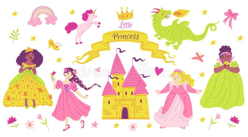 Bohaterów bajki zbiór pięknych księżniczek wielu etnicznych księżniczki zamek smoon unicorn wector ilustracja ilustracja wektor