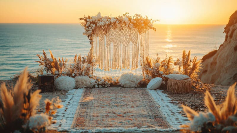 Bohemian beach wedding, boho beach wedding with macram backdrop and dried florals, surrounded by warm golden light stock photo