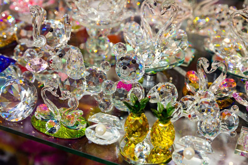 Bohemian glass figurines in showcase