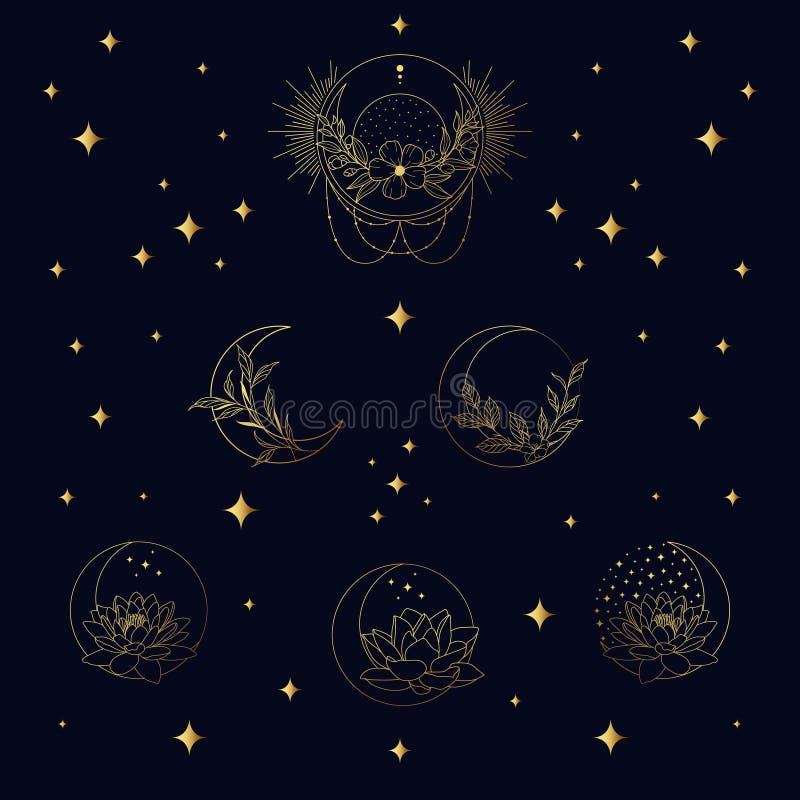 Bohemian Moon and Lotus Flower Set. Vector Set of Linear Boho Icons and ...