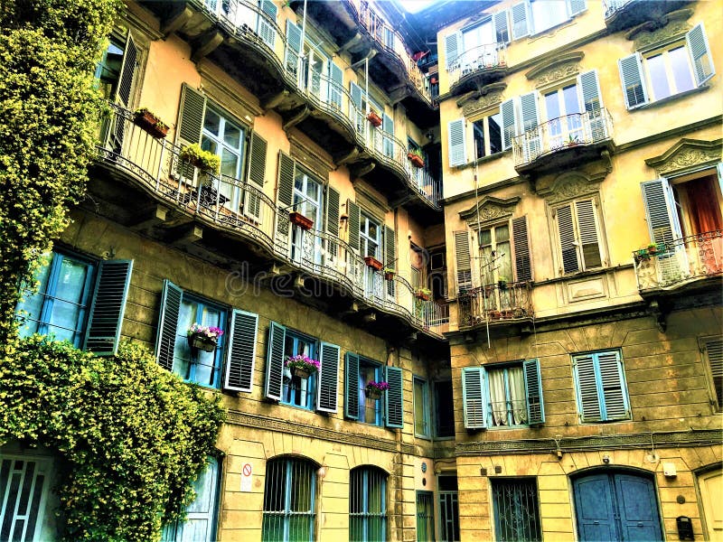 Bohemian style corner in Turin city, Italy. Plants, houses and history royalty free stock photo Bohemian style corner in Turin city, Italy. Plants, houses and history royalty free stock photo