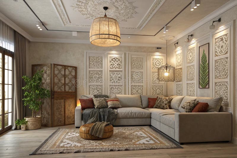 Bohemiskt vardagsrum med modulär sofa och lampa vektor illustrationer