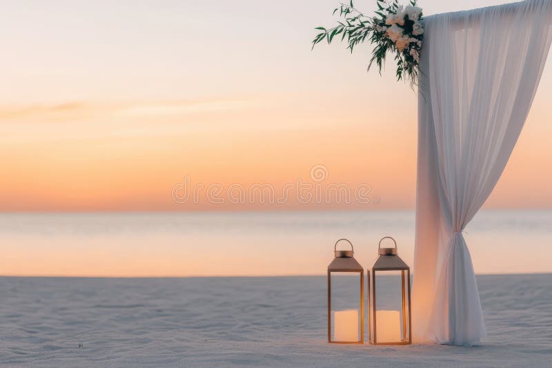 Boho beach wedding, beach wedding featuring boho decor lanterns, draped fabrics, and sunset view stock image