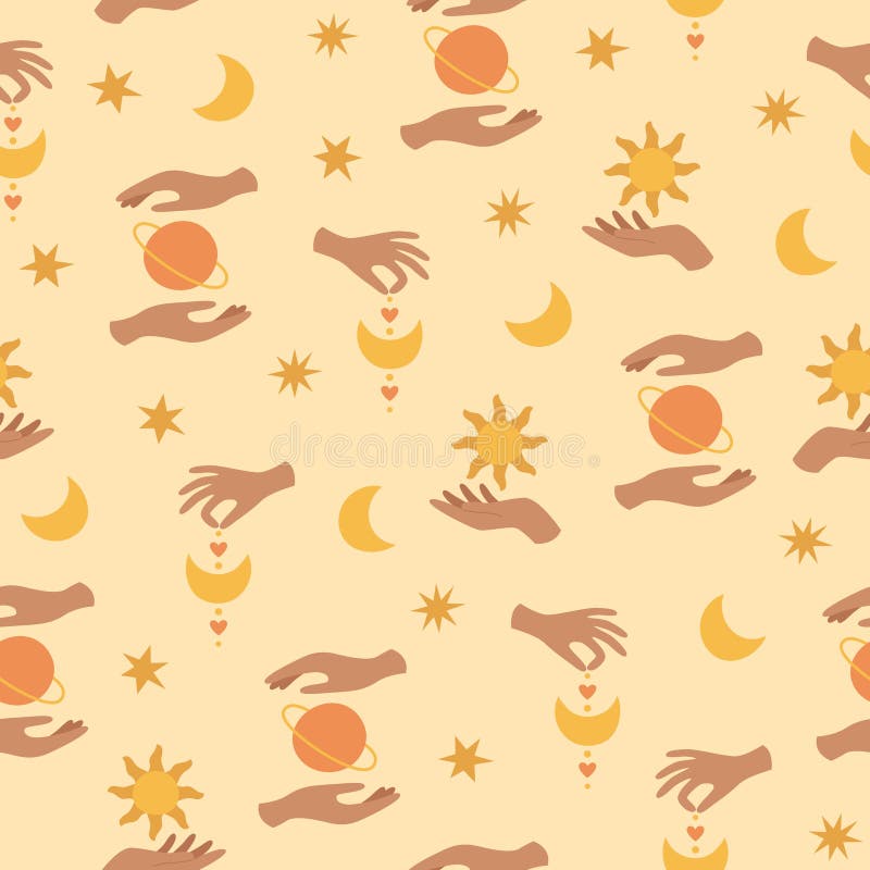 Boho Celestial Seamless Pattern with Hands, Stars, Moon and Sun