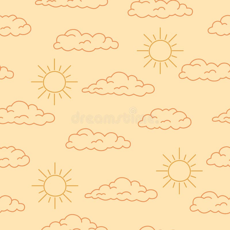 Boho Celestial Seamless Pattern with Line Art Cloud and Sun. Pastel