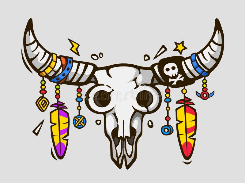 Boho chic. Ethnic tattoo style. Native american or mexican bull skull with feathers on horns. stock illustration Boho chic. Ethnic tattoo style. Native american or mexican bull skull with feathers on horns. stock illustration